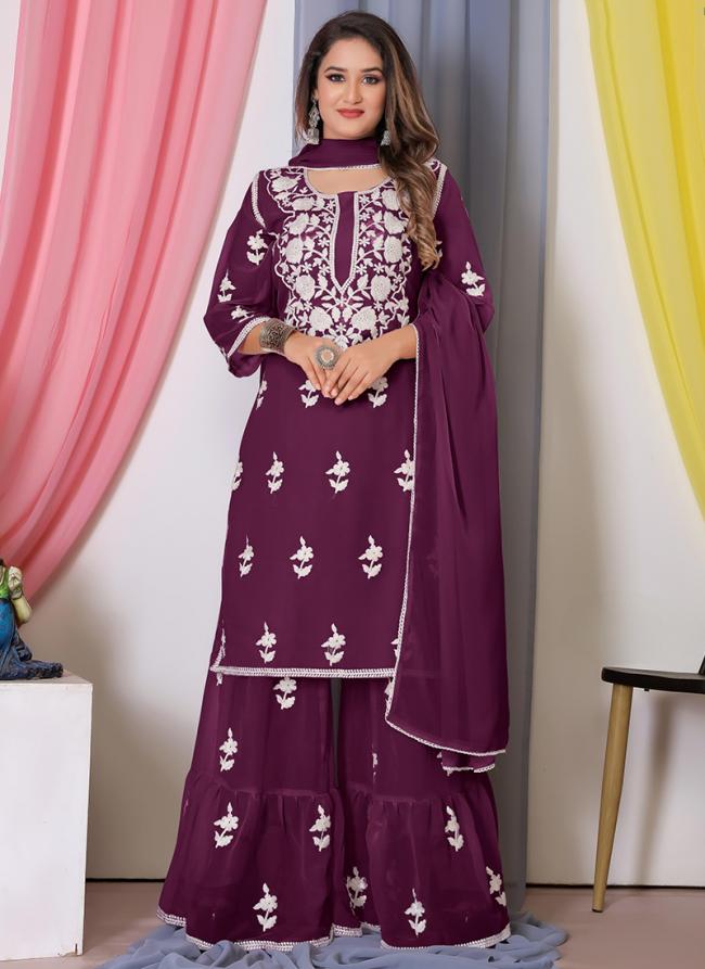 Georgette Purple Traditional Wear Embroidery Work Readymade Sharara Suit